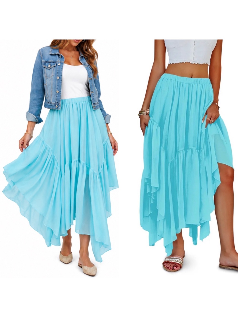 NEW Light Blue Asymmetrical Tiered Maxi Skirt Size L